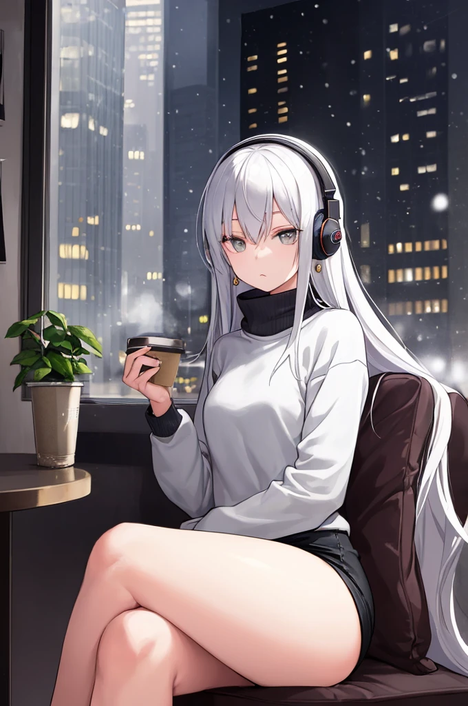 ((masterpiece:1.4, best quality:1.2)), 1girl, solo focus, beautiful skin, sweatshirt, very long white hair, grey eyes, black legwear, sitting, earrings, piercing, coffee shop window, night, snowing, cityscape, tall female, beautiful and delicate female, comfy ambience, {correct posing}, {detailed background}, a miniskirt, headphones on the head