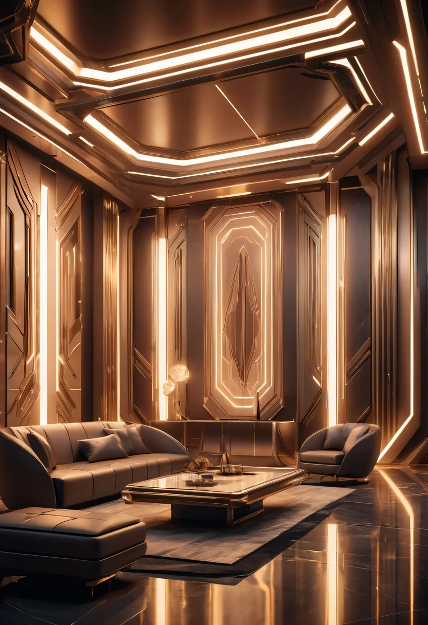 art deco design， futuristic room,Abstraction，modern style，Luxury and Luxury，Futuristic decorative elements，Metallic，number line，sci-fi lamp，Virtual Engine，rendering