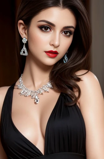 Lebanese woman, diamond dangling earrings, necklace, bracelets, small breasts, 40 years old, smokey eyes, cleavages, red lips, innocent face, black fashion ball gown, stylish hairstyle, posing, modeling, brunette