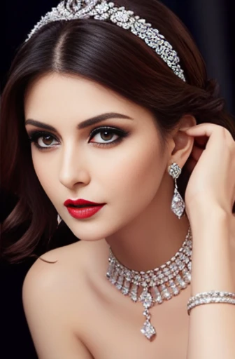 Lebanese woman, diamond dangling earrings, necklace, bracelets, small breasts, 40 years old, smokey eyes, cleavages, red lips, innocent face, black fashion ball gown, stylish hairstyle, posing, modeling, brunette 