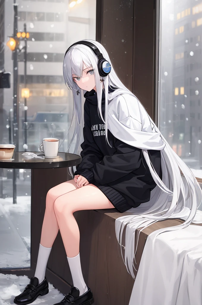 ((masterpiece:1.4, best quality:1.2)), 1girl, solo focus, beautiful skin, sweatshirt, very long white hair, grey eyes, black legwear, sitting, earrings, piercing, coffee shop window, night, snowing, cityscape, tall female, beautiful and delicate female, comfy ambience, {correct posing}, {detailed background}, a miniskirt, headphones on the head