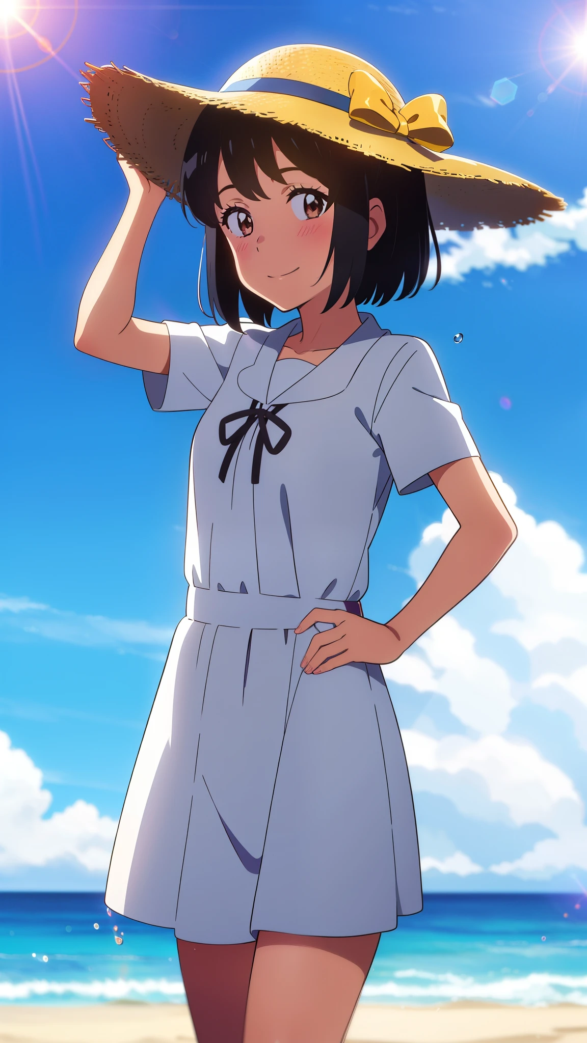shinkai makoto, kimi no na wa., 1girl, bangs, black hair, blush, brown eyes, shiny skin, red headband, white dress shirts, straw hat, short hair, smile, cute, solo, looking at viewer, happy, summer beach, cloudy, blue sky, sunlight, lens_flare, bright, Splash