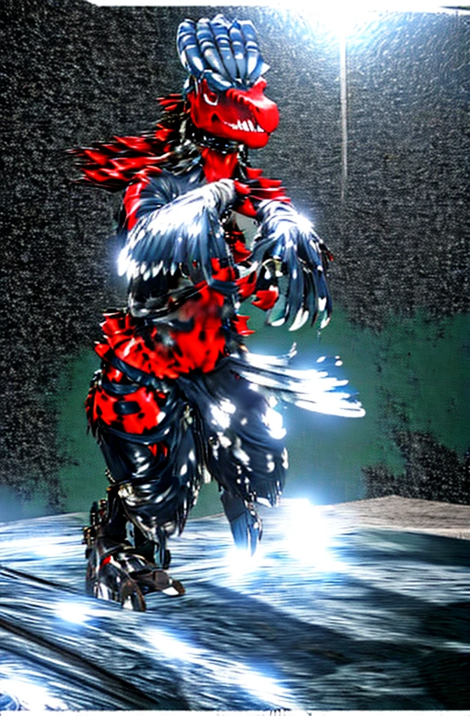 Ultra high resolution, best quality, (mirror selfie:1.4), transformation art, (half transformation), I see my reflection on the shiny metal wall as I morph into a mechanical deinonychus fursuit. dripping liquid metal coats my skin. I am inside a strange factory chamber, (half human:1.3), (red:1.9) (black:1.5) (purple:1.1), ((metallic liquid goo partial dripping encasement)), zipper, Horizon Zero Dawn style.