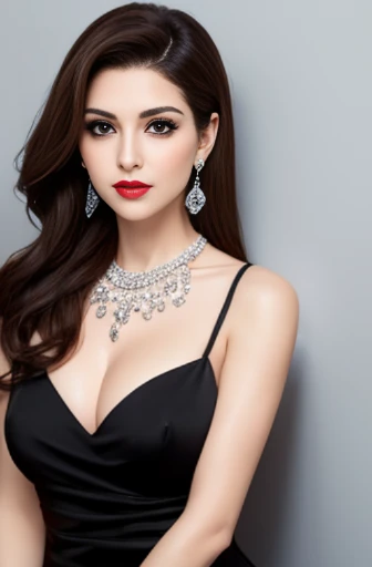 Lebanese woman, diamond dangling earrings, necklace, bracelets, small breasts, 40 years old, smokey eyes, cleavages, red lips, innocent face, black fashion ball gown, stylish hairstyle, posing, modeling, brunette