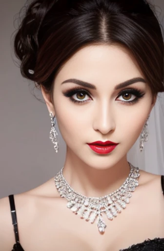 Lebanese woman, diamond dangling earrings, necklace, bracelets, small breasts, 40 years old, smokey eyes, cleavages, red lips, innocent face, black fashion ball gown, stylish hairstyle, posing, modeling, brunette 