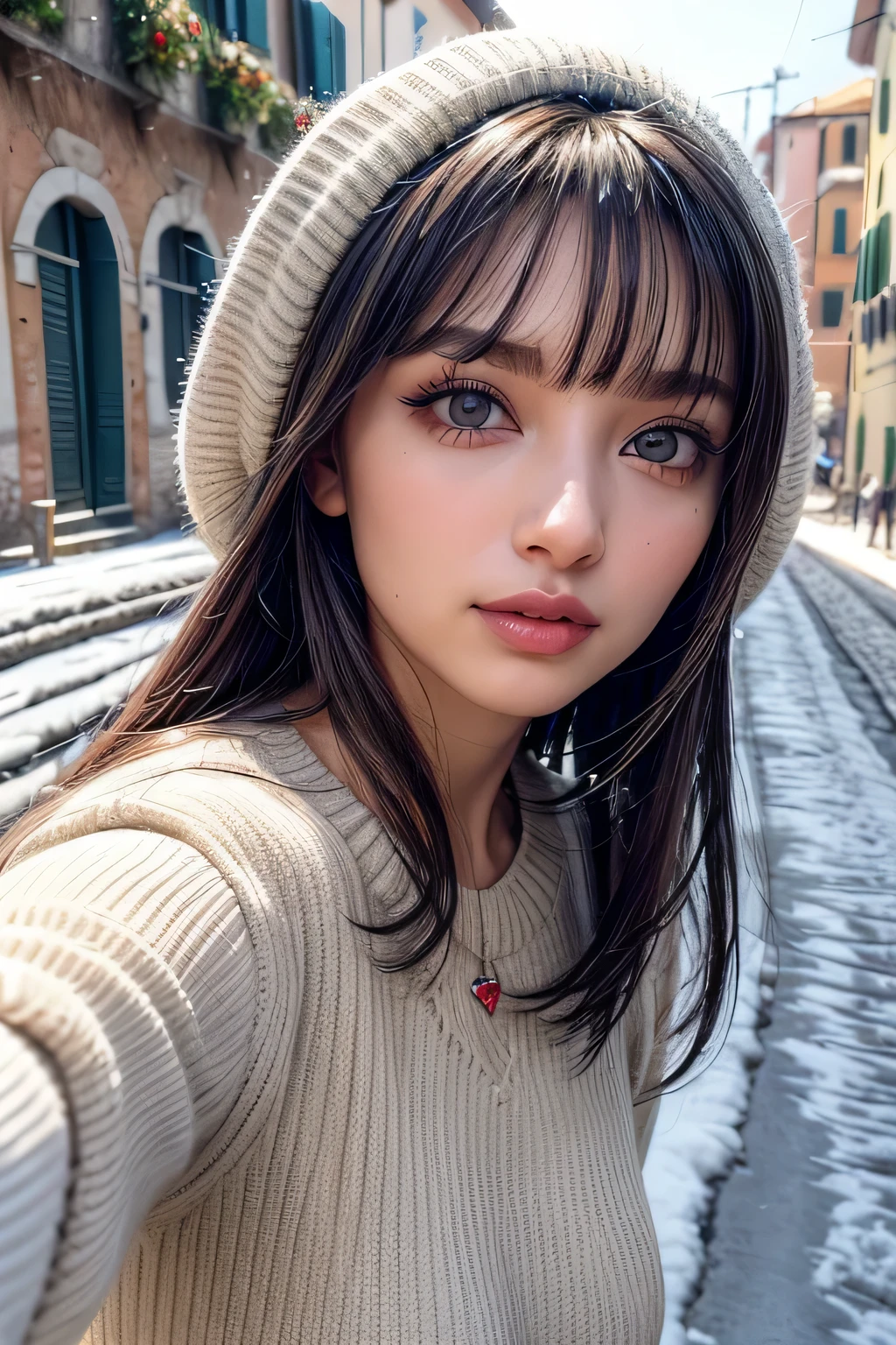 (tampo da mesa, Mais alta qualidade、alto detalhe:1.1、Beleza adulta muito atraente、Adicione destaques intensos aos seus olhos、backward、olhe backward、Mulher bonita cheia de charme adulto、Anatomia perfeita、prata ouvir、Cabelo longo、cabelo brilhante、brilho labial),1 garota, Sozinho, realista、tilt your head a little, short and cabelo brilhante、 Knitted sweater、silenciador elegante,franja、olhos grandes、eyelash、The face is a little red、Embarrassing)、((Road system in Italy in winter、absolutely beautiful franja:1.4))、olhos grandes、Give students very strong highlights、(seios enormes:1.4}、seios ger muito grandes、Beleza muito linda、Por favor, mostre seus ouvidos、long neck、Sorria um pouco、Dentes lindos、Abra a boca e sorria、heart-shaped eyes))、28 anos de idade、supermodelo muito fofo、alto