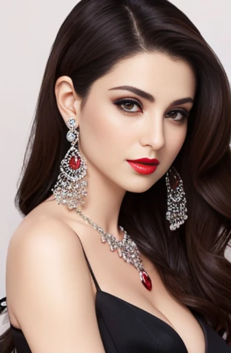 Lebanese woman, diamond dangling earrings, necklace, bracelets, small breasts, 40 years old, smokey eyes, cleavages, red lips, innocent face, black fashion ball gown, stylish hairstyle, posing, modeling, brunette