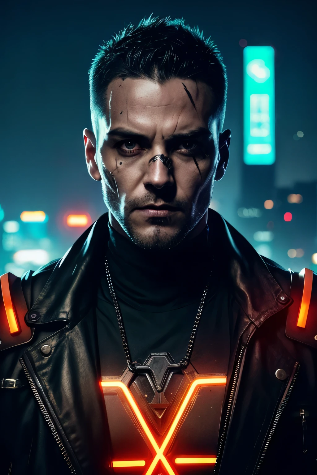 Professional photo in cyberpunk style, thigh-high photo, one man, metal skull, scar on face, metal torso, metal arms, old rusty armor, night city, neon lights, eye contact, looking at viewer, masterpiece, best quality, perfect  detail, perfect face detail, perfect eye detail, perfect skin detail, depth of field, perfect lighting