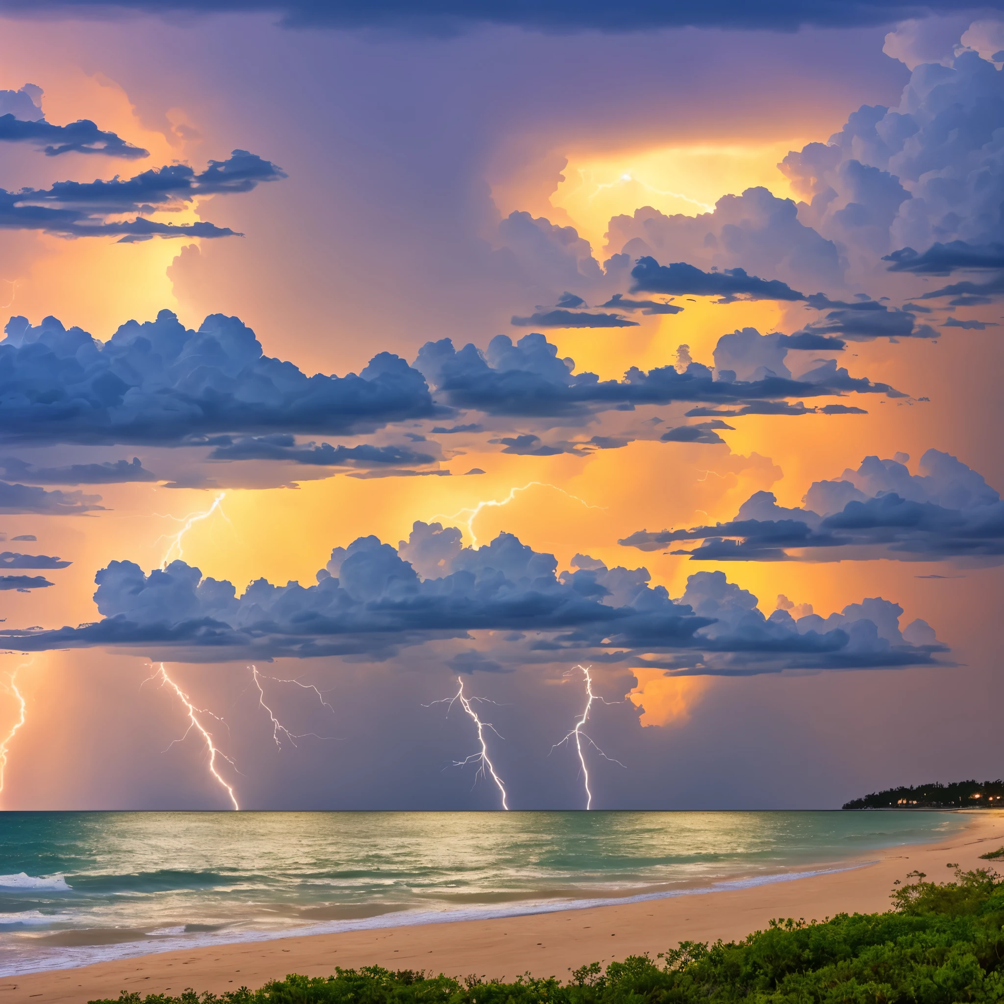 Storm coming off the Gulf of Mexico. Beach view. Lightning.