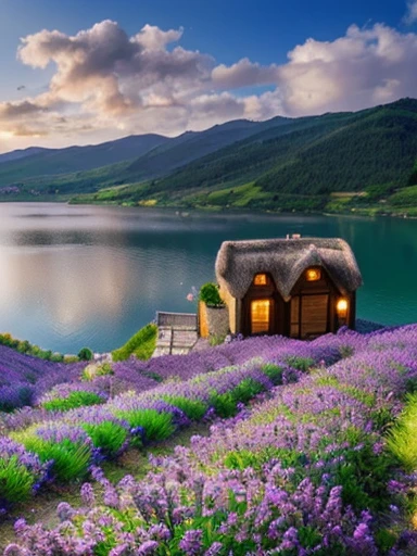 Lavender fields，In the background there is a house and a mountain and a beautiful lake, Beautiful place, house on hill, blue flower field, nice images, thatched roof,  Small cottage in the foreground, high quality images，Not a single tree:3.0，masterpiece, 16k, high details, super detail,no tree