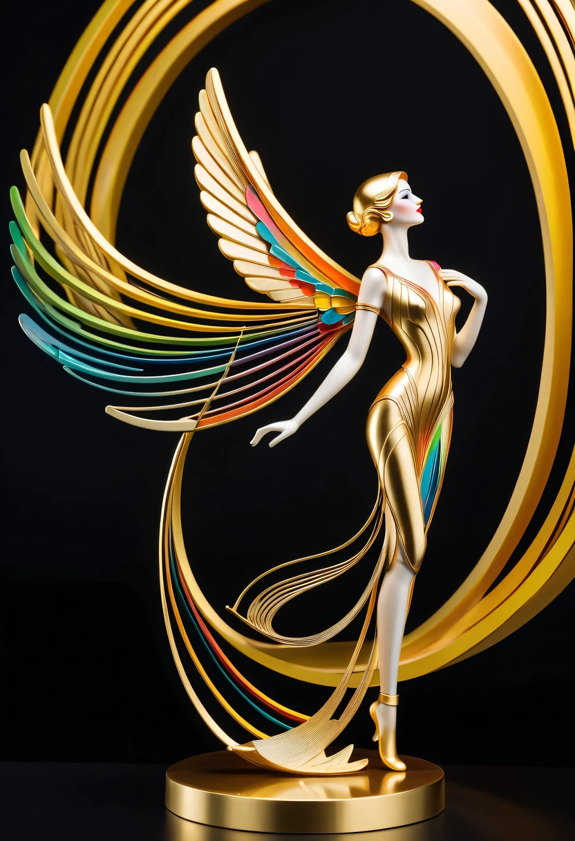 art deco design，golden beauty sculpture，streamline moderne，Rainbow metallic thread，perfect details，exquisite craftsmanship，twist，rotate，prosody，flight，Complex and gorgeous、bright colors、full of imagination、artistic。