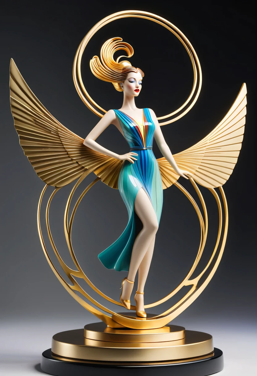 art deco design，golden beauty sculpture，streamline moderne，Rainbow metallic thread，perfect details，exquisite craftsmanship，twist，rotate，prosody，flight，Complex and gorgeous、bright colors、full of imagination、artistic。