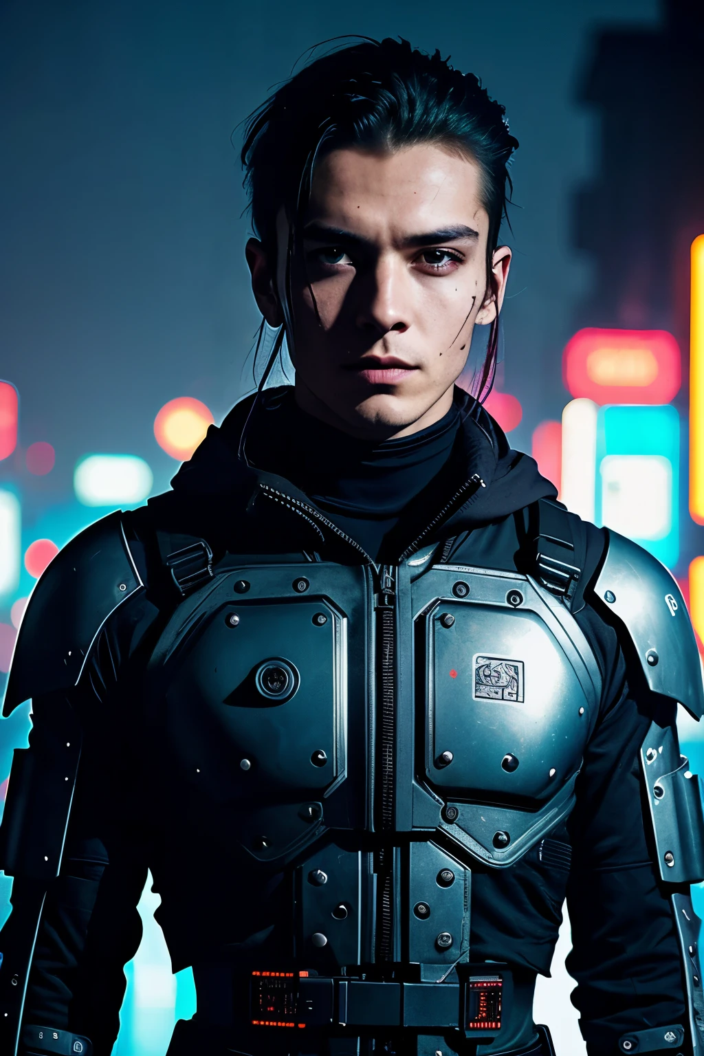 Professional photo in cyberpunk style, thigh-high photo, one man, metal skull, scar on face, metal torso, metal arms, old rusty armor, night city, neon lights, eye contact, looking at viewer, masterpiece, best quality, perfect detail, perfect face detail, perfect eye detail, perfect skin detail, depth of field, perfect lighting
