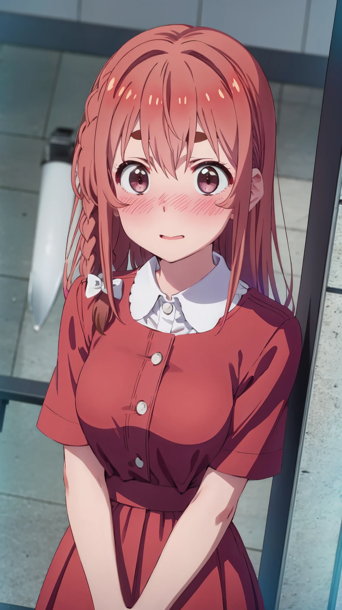 (((pixel-perfect, detail-perfect))), solo, 1girl, sumi sakurasawa, collared shirt, red dress, looking at viewer, blush, embarrassed, upper body