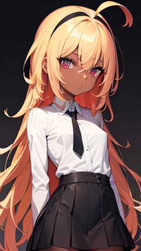 (masterpiece, best quality:1.2, perfect hands, parfect fingers, parfect face, high resolution, high detail, 4k,) 1 girl, blonde hair, red hair, gradation hair, forehead, messy hair, piercing ear, white shirt, bare breast, tie, tight skirt, flat chest, ((dark skin)), (((skinny, ribs))), half open eyes, ((black eye shadow, shadow under eye)), 