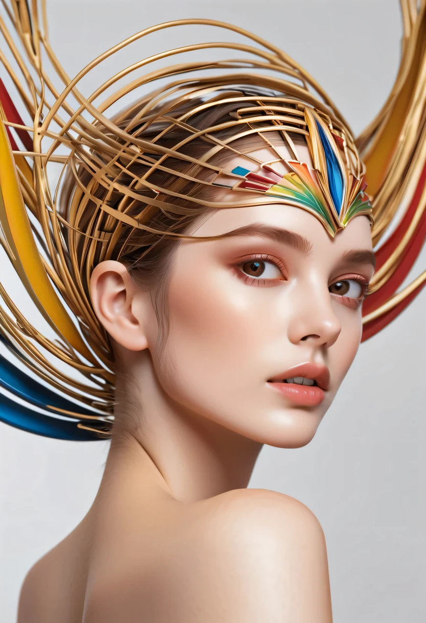 art deco design,golden beauty sculpture,streamline moderne,Rainbow metallic thread,perfect details,exquisite craftsmanship,twist,rotate,prosody,flight,Complex and gorgeous、bright colors、full of imagination、artistic。