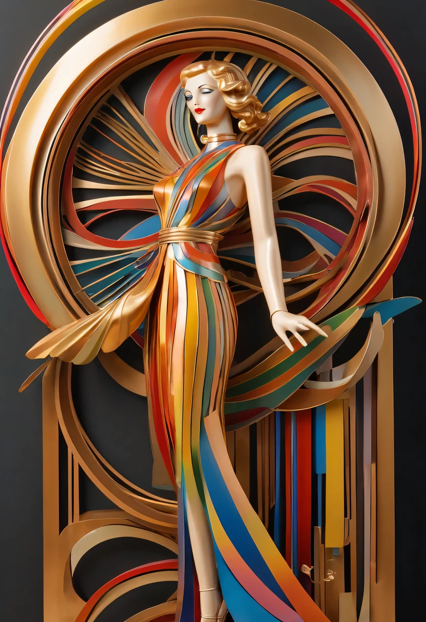 art deco design，golden beauty sculpture，streamline moderne，Rainbow metallic thread，perfect details，exquisite craftsmanship，twist，rotate，prosody，flight，Complex and gorgeous、bright colors、full of imagination、artistic。