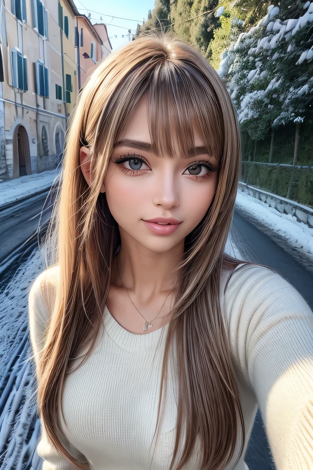 (tampo da mesa, Mais alta qualidade、alto detalhe:1.1、Beleza adulta muito atraente、Adicione destaques intensos aos seus olhos、backward、olhe backward、Mulher bonita cheia de charme adulto、Anatomia perfeita、prata ouvir、Cabelo longo、cabelo brilhante、brilho labial),1 garota, Sozinho, realista、tilt your head a little, short and cabelo brilhante、 Knitted sweater、silenciador elegante,franja、olhos grandes、eyelash、The face is a little red、Embarrassing)、((Road system in Italy in winter、absolutely beautiful franja:1.4))、olhos grandes、Give students very strong highlights、(seios enormes:1.4}、seios ger muito grandes、Beleza muito linda、Por favor, mostre seus ouvidos、long neck、Sorria um pouco、Dentes lindos、Abra a boca e sorria、heart-shaped eyes))、28 anos de idade、supermodelo muito fofo、alto