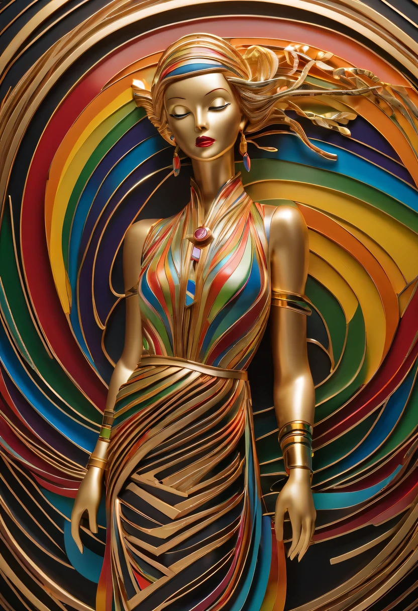 art deco design，golden beauty sculpture，streamline moderne，Rainbow metallic thread，perfect details，exquisite craftsmanship，twist，rotate，prosody，flight，Complex and gorgeous、bright colors、full of imagination、artistic。