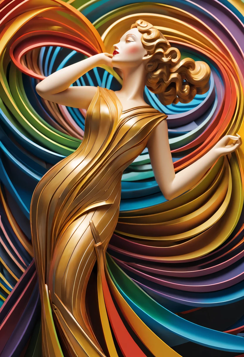 art deco design，golden beauty sculpture，streamline moderne，Rainbow metallic thread，perfect details，exquisite craftsmanship，twist，rotate，prosody，flight，Complex and gorgeous、bright colors、full of imagination、artistic。