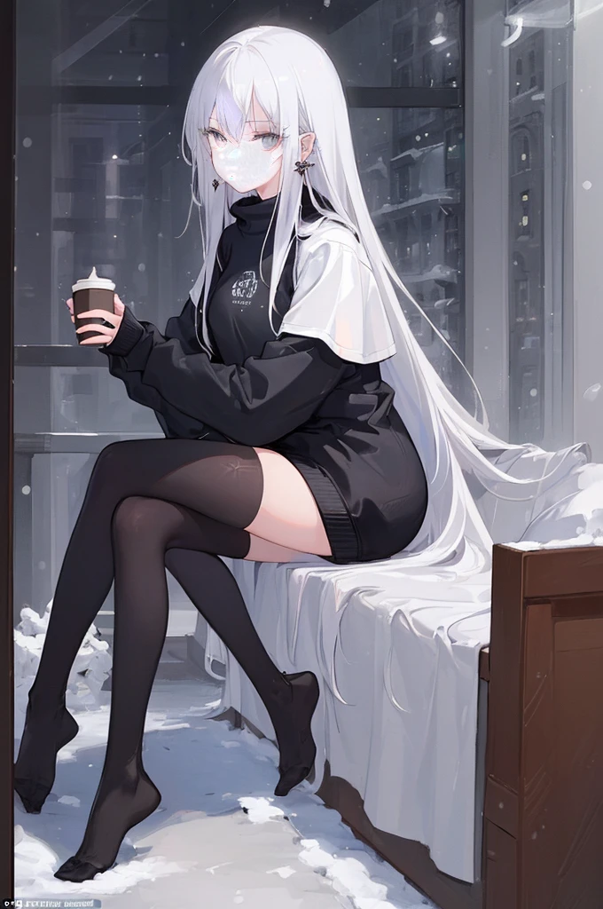 ((masterpiece:1.4, best quality:1.2)), 1girl, solo focus, beautiful skin, sweatshirt, long white hair, grey eyes, black legwear, sitting, earrings, piercing, coffee shop window, night, snowing, cityscape, tall female, beautiful and delicate female, comfy ambience, {correct posing}, {detailed background}, a miniskirt