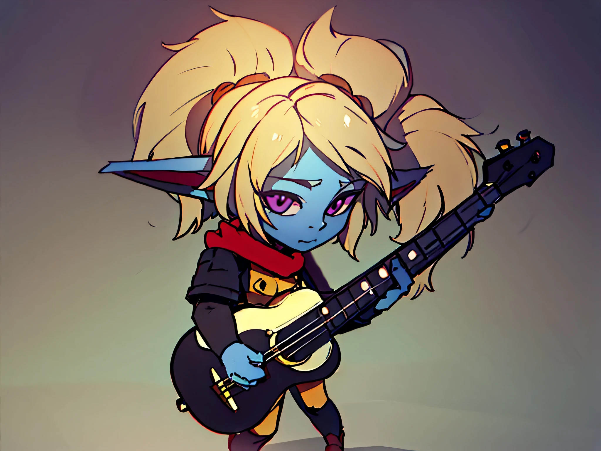 poppy holding a guitar , arte oficial splash, brava, fofa, Detailed Guitar
