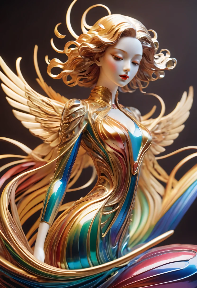 art deco design，golden beauty sculpture，streamline moderne，Rainbow metallic thread，perfect details，exquisite craftsmanship，twist，rotate，prosody，flight，Complex and gorgeous、bright colors、full of imagination、artistic。