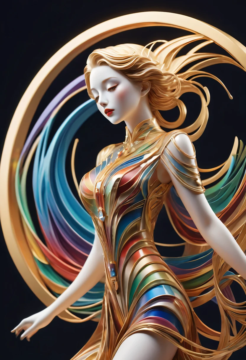 art deco design,golden beauty sculpture,streamline moderne,Rainbow metallic thread,perfect details,exquisite craftsmanship,twist,rotate,prosody,flight,Complex and gorgeous、bright colors、full of imagination、artistic。