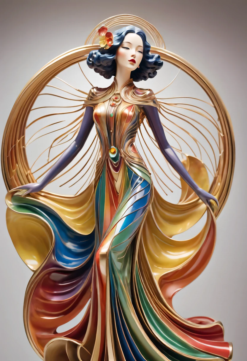 art deco design，golden beauty sculpture，streamline moderne，Rainbow metallic thread，perfect details，exquisite craftsmanship，twist，rotate，prosody，flight，Complex and gorgeous、bright colors、full of imagination、artistic。