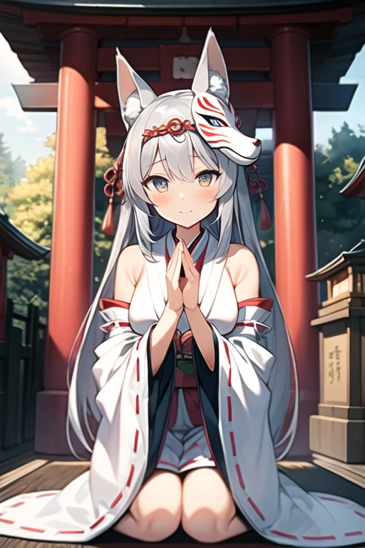 masterpiece, super detail, best quality, beautiful girl, praying, fox ears, fox tail, (fox mask), silver hair, shrine maiden clothes, Japanese shrine, winter