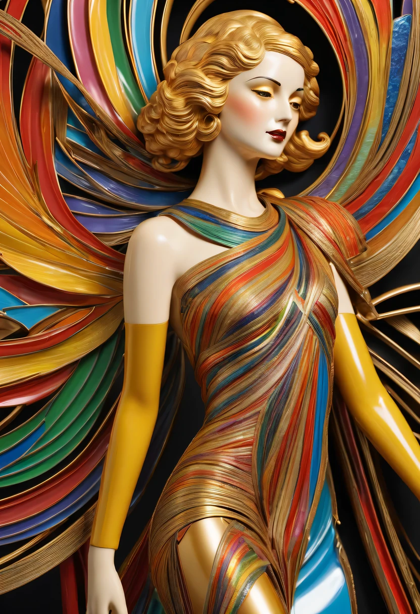 art deco design,golden beauty sculpture,streamline moderne,Rainbow metallic thread,perfect details,exquisite craftsmanship,twist,rotate,prosody,flight,Complex and gorgeous、bright colors、full of imagination、artistic。