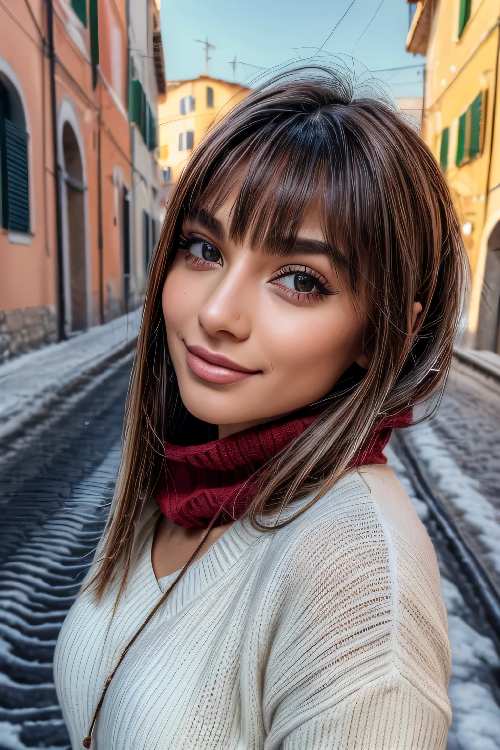 (tampo da mesa, Mais alta qualidade、alto detalhe:1.1、Beleza adulta muito atraente、Adicione destaques intensos aos seus olhos、backward、olhe backward、Mulher bonita cheia de charme adulto、Anatomia perfeita、prata ouvir、Cabelo longo、cabelo brilhante、brilho labial),1 garota, Sozinho, realista、tilt your head a little, short and cabelo brilhante、 Knitted sweater、silenciador elegante,franja、olhos grandes、eyelash、The face is a little red、Embarrassing)、((Road system in Italy in winter、absolutely beautiful franja:1.4))、olhos grandes、Give students very strong highlights、(seios enormes:1.4}、seios ger muito grandes、Beleza muito linda、Por favor, mostre seus ouvidos、long neck、Sorria um pouco、Dentes lindos、Abra a boca e sorria、heart-shaped eyes))、28 anos de idade、supermodelo muito fofo、alto