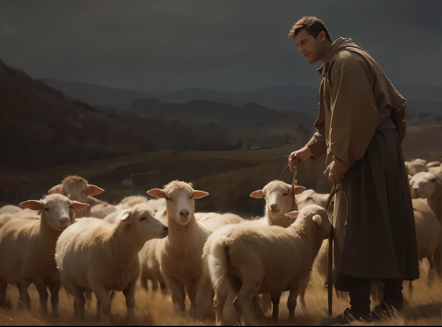 make a picture of David redhead in the first century period, a young shepherd in a pastoral setting, filled with sheep and holding a sling in his hands, the image should capture the simplicity and serenity of country life 8K realistic digital art, ultra realistic digital painting, highly realistic digital art