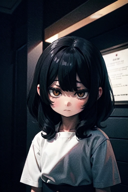 expressionless sad girl black hair yellow eyes dark atmosphere