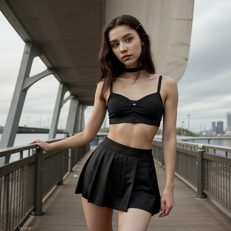 a woman in a black skirt and black crop top posing for a picture on a Bridge , 2 4 year old female model, gorgeous young model, sexy look at the camera, fit pic, beautiful body and face, tiny white bra, flat chested, very sexy pose, she is about 1 6 years old, 18 years old, sexy body and face, sexy pose