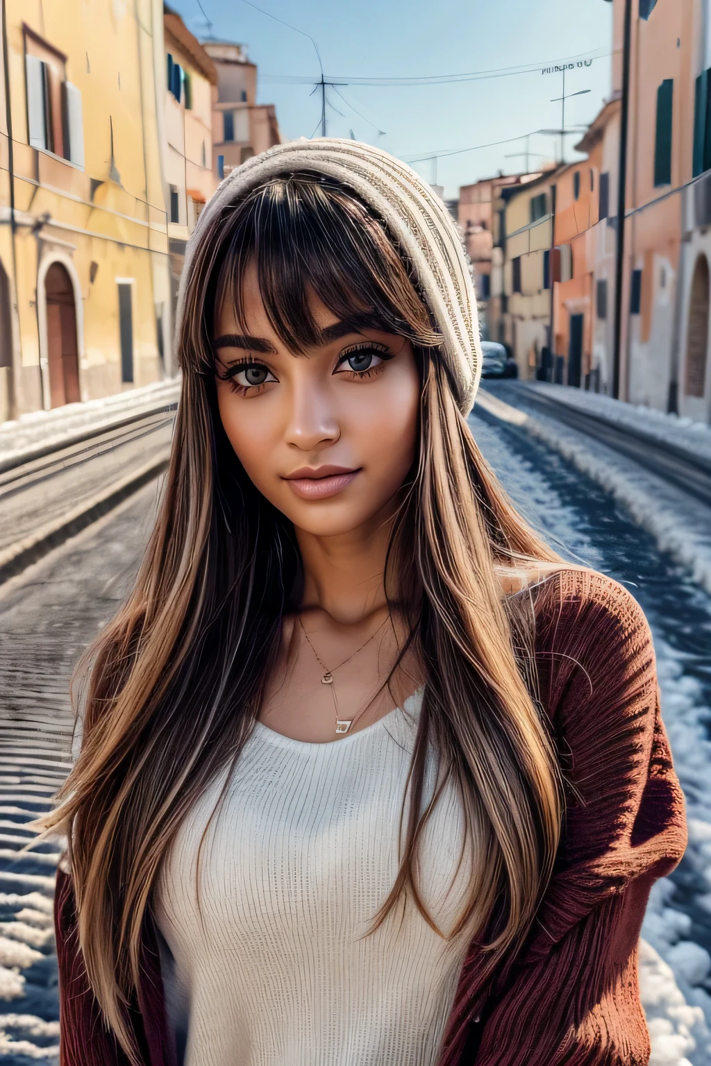 (tampo da mesa, Mais alta qualidade、alto detalhe:1.1、Beleza adulta muito atraente、Adicione destaques intensos aos seus olhos、backward、olhe backward、Mulher bonita cheia de charme adulto、Anatomia perfeita、prata ouvir、Cabelo longo、cabelo brilhante、brilho labial),1 garota, Sozinho, realista、tilt your head a little, short and cabelo brilhante、 Knitted sweater、silenciador elegante,franja、olhos grandes、eyelash、The face is a little red、Embarrassing)、((Road system in Italy in winter、absolutely beautiful franja:1.4))、olhos grandes、Give students very strong highlights、(seios enormes:1.4}、seios ger muito grandes、Beleza muito linda、Por favor, mostre seus ouvidos、long neck、Sorria um pouco、Dentes lindos、Abra a boca e sorria、heart-shaped eyes))、28 anos de idade、supermodelo muito fofo、alto