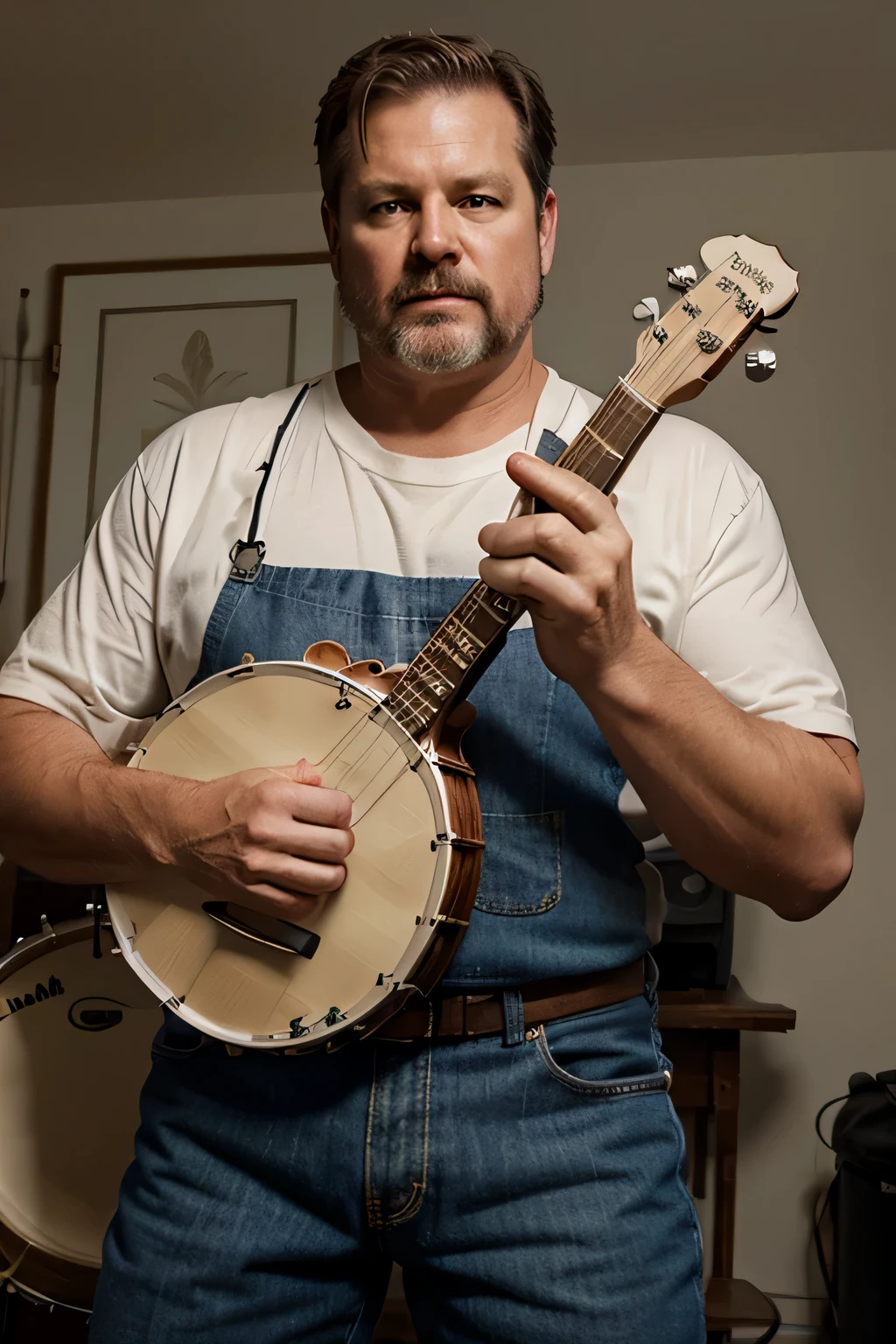 middle aged redneck man playing banjo, realistic image 