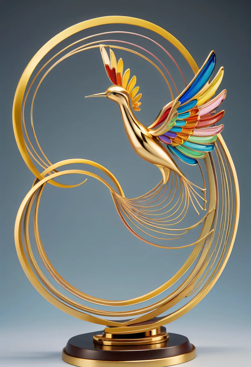 art deco design,golden beauty sculpture,streamline moderne,Rainbow metallic thread,perfect details,exquisite craftsmanship,twist,rotate,prosody,flight,Complex and gorgeous、bright colors、full of imagination、artistic。