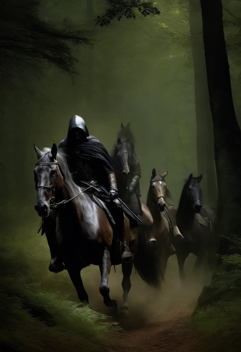 ral-mythcr, Wild Game, mytical creature, a photorealistic image of the Wild Hunt, a dramatic and mystical scene set in a dark, forest of ill omen, the scene features ghostly figures on horses