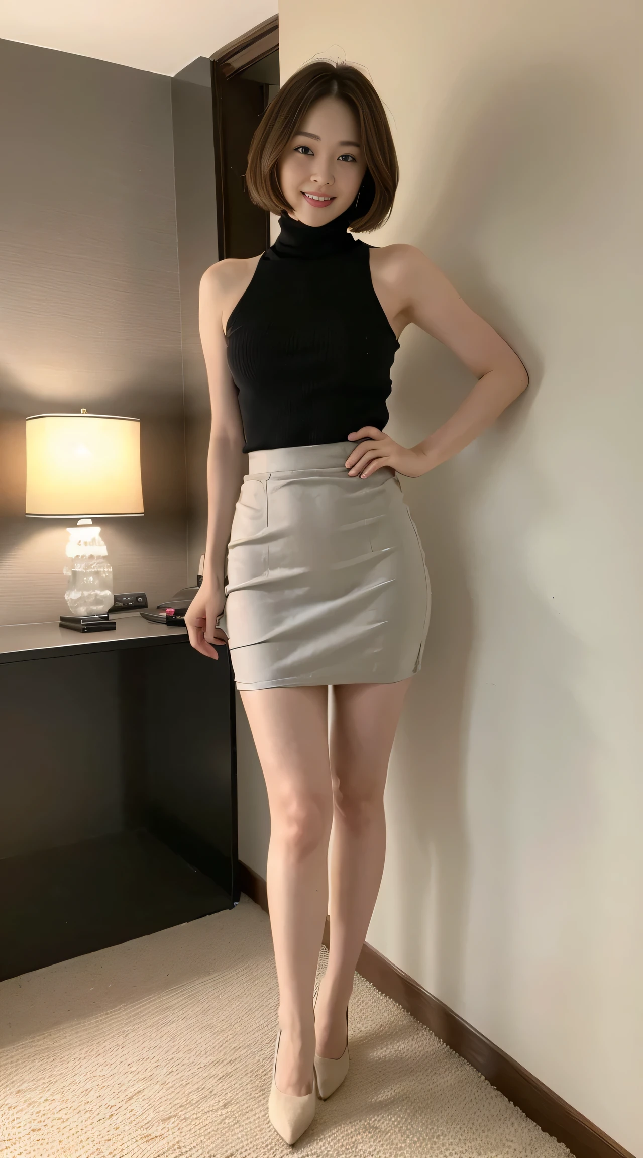 (highest quality, 8K, 32K, table top, nffsw:1.2), 1 girl, beautiful japanese woman, Natural light, hotel room, tight waist, White Rib Knit Mock Neck Sleeveless Top, gray silk tight mini skirt, detailed face, short hair, ankle strap high heel pumps, gray suede high heel pumps, happy expression, look at the viewer, ((Full body standing))