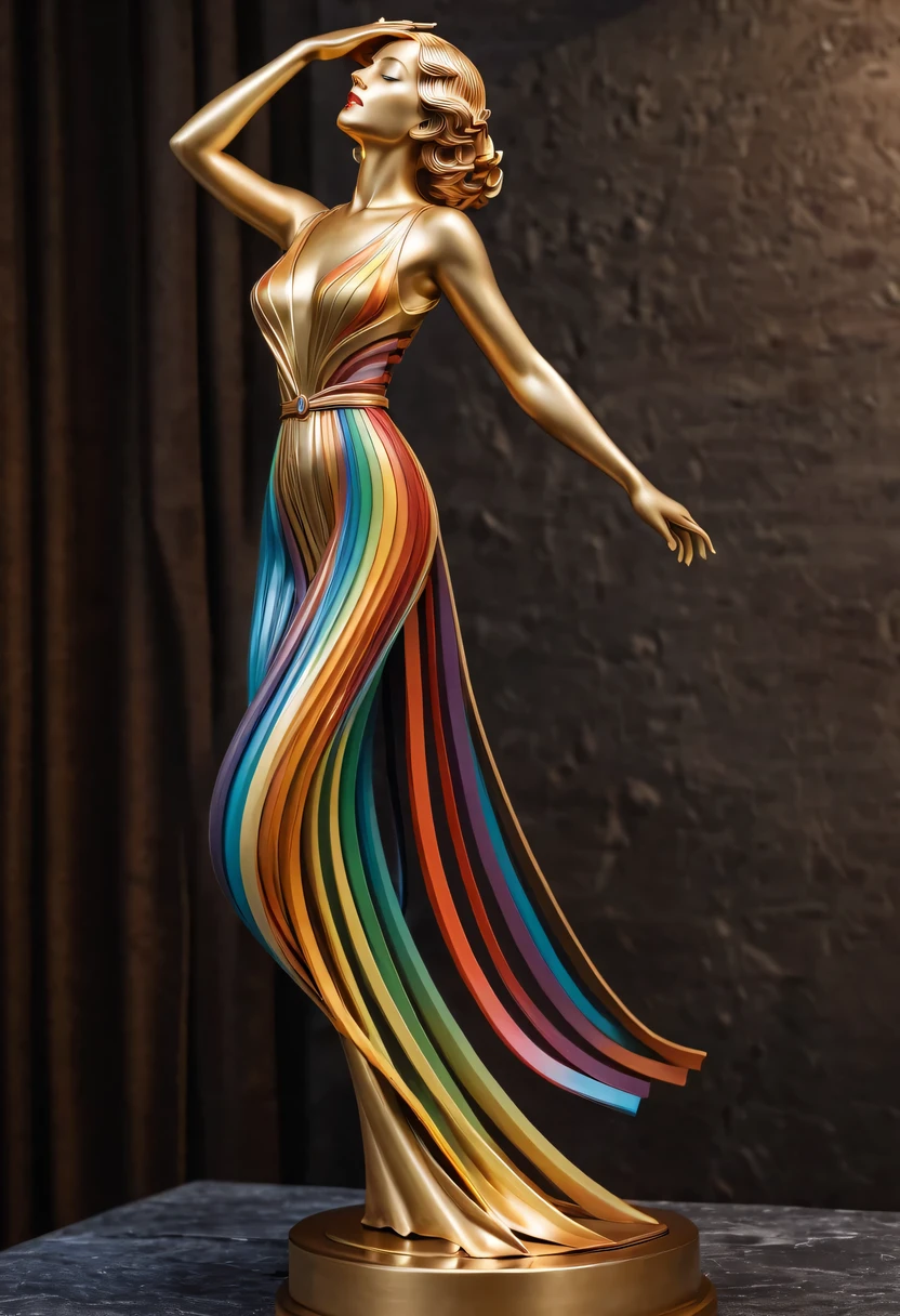 art deco design，golden beauty sculpture，streamline moderne，Rainbow metallic thread，Complex and gorgeous、bright colors、full of imagination、artistic。