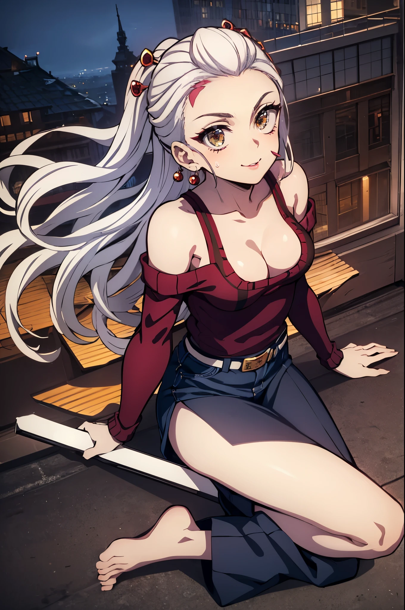 portrait of, beautiful figure (correct anatomy1.1), one girl, smile, smile, look at the camera, beautiful feet, waist, Frame seen from above, from top to bottom, Beautiful waist, erotica, sexy pose, handsome body (correct anatomy), ghost yunze, very beautiful face, feminine features, masterpiece, 最high quality, 完全な高さで Beautiful waist, beautiful feet, high quality, highly detailed face, Depth of written boundary, HDR, very detailed, ray tracing, dark fantasy, demon tattoo, super beautiful, Nice little breasts, 1 girl, alone, looking at the viewer, gray hair, jewelry, closed mouth, green eyes, yellow eyes, compensate, lipstick, Slit pupil, shining eyes, anger, red lips, hairpin, (sweater:1.3), (off shoulder:1.3), (Denim Long Skirt:1.3), (city background:1.3), walk around town, Model walking
