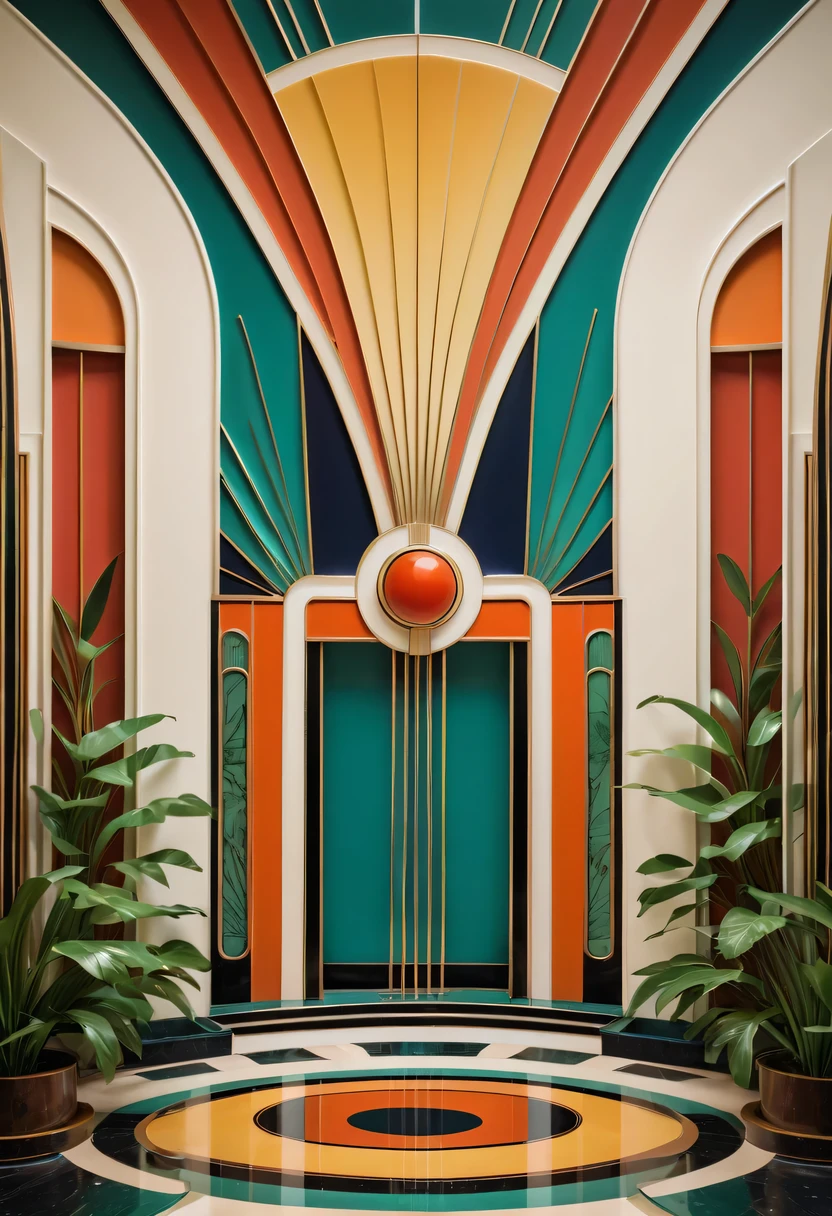 art deco design，streamline moderne，Complex and gorgeous、bright colors、full of imagination、artistic。