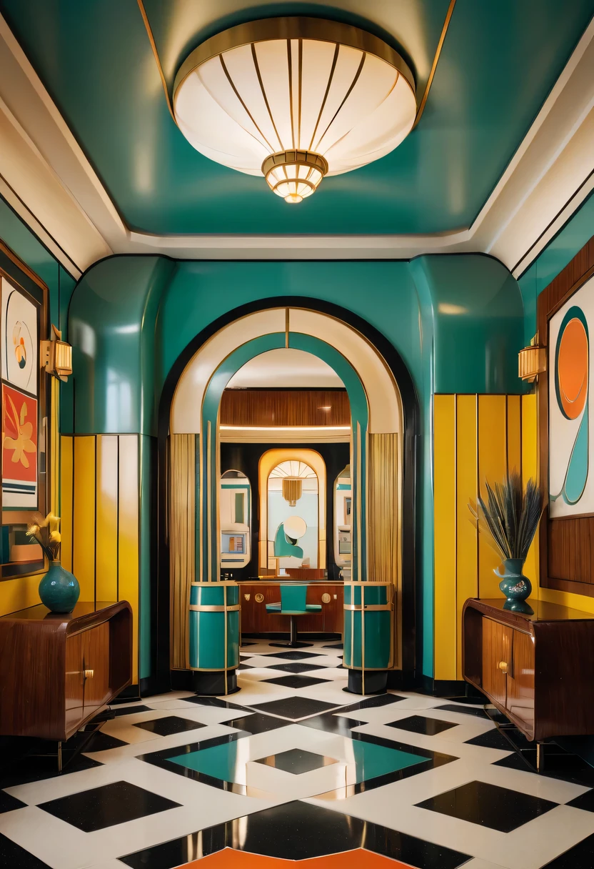 art deco design,streamline moderne,Complex and gorgeous、bright colors、full of imagination、artistic。