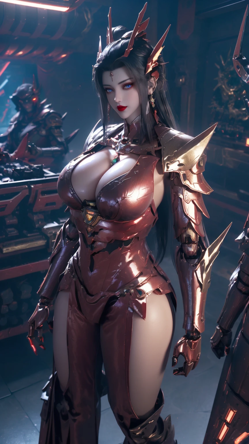 UPPER BODY,CLOSE UP HALF BODY,SOLO,(BEAUTY BLACK HAIR,DRAGON HORN HELMET:1.3), (NSFW,HUGE OPPAI,CLEAVAGE TOP,MUSCLE ABS:1.5), ((WEARING OUTFIT RED SHINY MODERN MECHA CYBERPUNK BIKINI, BLACK ROBOT MECHA SEXY ARMOR:1.5)),(CURVY VOLUPTUOUS BODY MATURE WOMAN:1.5), (SWEATY GLOSSY BODYSKIN:1.5), (LOOKING AT VIEWER:1.6),(HALLROOM OF FUTURISTIC SPACE STATION:1), (PHOTOREALSITIC:1.4), (ULTRA-DETAILLIERT), (TOP-QUALITY), (BEST SHADOWS), (MASTERPIECE), BRIGHT LIGHT IN ROOM, HYPER TEXTURE, (4X MSAA), ((UNREAL ENGINE 5 RENDER)), PHYSICALLY-BASED RENDERING, ULTRA HIGHT DEFINITION, 16K, 1080P.