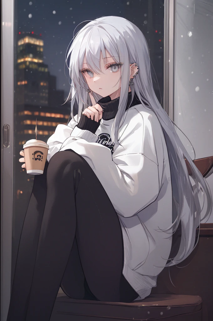 ((masterpiece:1.4, best quality:1.2)), 1girl, solo focus, beautiful skin, sweatshirt, long white hair, grey eyes, black legwear, sitting, earrings, piercing, coffee shop window, night, snowing, cityscape, tall female, beautiful and delicate female, comfy ambience, {correct posing}, {detailed background}, a miniskirt