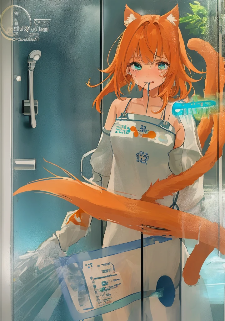 1girl, (skinny), medium breast, cat tail and ears, shoulder-length hair, orange hair, fluffy flipped hair (swept bangs), heterochromia eyes, eye1 blue, eye2 green, naked, eyes rolled up, mouth open, no smile, tongue out, tears, shower, breasts on glass, vaginal sex, pubic hair, x-ray, cervical penetration, wet pussy, squirting, blushing