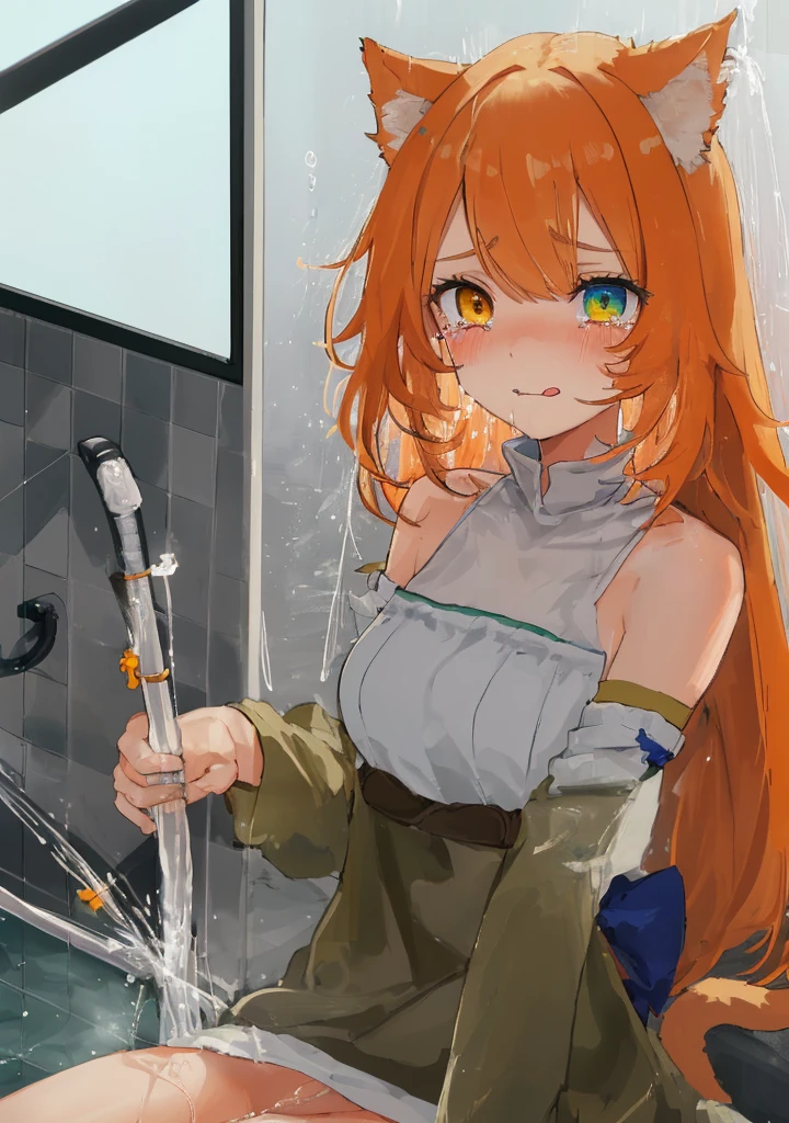 1girl, (skinny), medium breast, cat tail and ears, shoulder-length hair, orange hair, fluffy flipped hair (swept bangs), heterochromia eyes, eye1 blue, eye2 green, naked, eyes rolled up, mouth open, no smile, tongue out, tears, shower, breasts on glass, vaginal sex, pubic hair, x-ray, cervical penetration, wet pussy, squirting, blushing