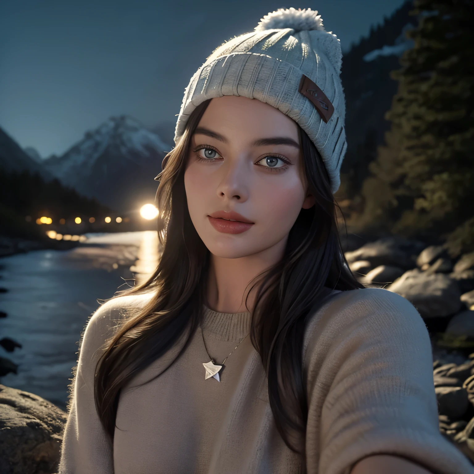 Margot Robbie, photorealistic, best quality, hyper detailed, beautiful woman, selfie photo, upper body, solo, wearing pullover, outdoors, (night), mountains, real life nature, stars, moon, (cheerful, happy), sleeping bag, gloves, sweater, beanie, flashlight, forest, rocks, river, wood, smoke, fog, clear sky, analog style, looking at viewer, skin texture, film grain, close up, ultra high res, best shadow, RAW, instagram LUT