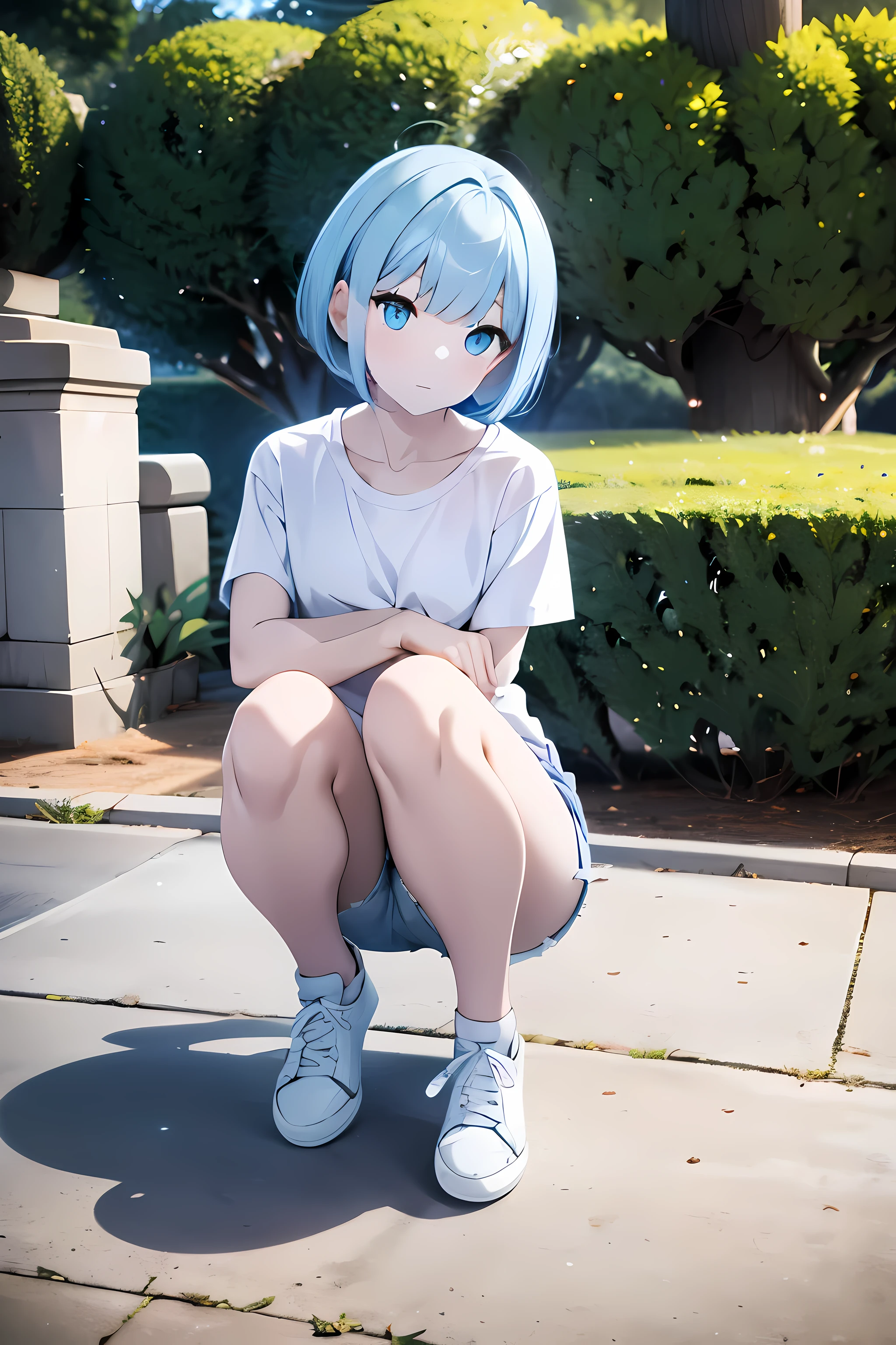 outdoors, full_body, blue palete, absurdres, high quality, highres BREAK 1girl, super pale skin, life-size-body, young, thin, skinny, light blue hair, bangs, bobcut, Detailedface BREAK fully white t-shirt, blue denim short, all-white shoes